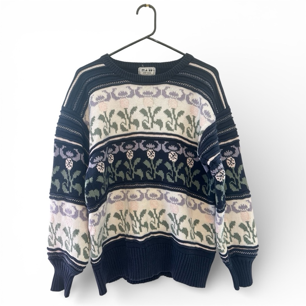 Vintage 90’s H.J.H 100% Cotton Navy and Cream Floral Sweater Size Medium